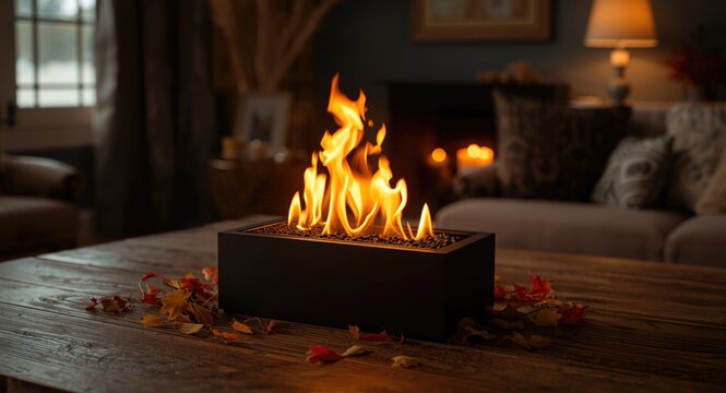 Inviting bio ethanol fireplace on wooden table with seasonal fall ornamentation