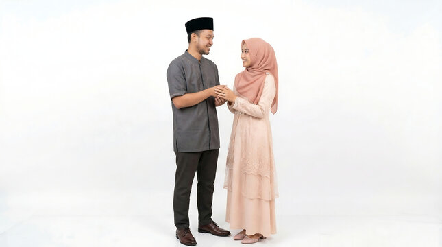 Happy Muslim Couple Holding Hands and Smiling, Dressed in Traditional Islamic Attire