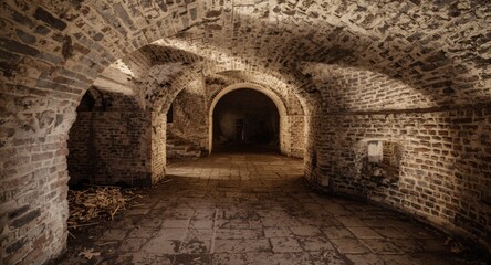 Obraz premium Historic underground fort interior with derelict tunnels and copy space