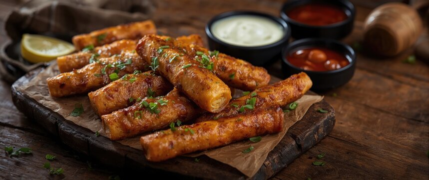 Serving of tasty mici meat rolls with rustic presentation and sauces