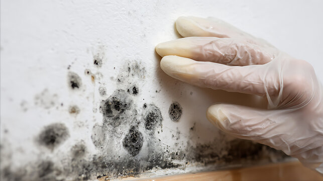 A gloved hand inspects severe black mold growth on a white wall, highlighting urgent need for home contamination removal and remediation for health and sanitation