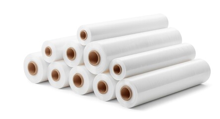 Food packaging solutions shown with white stretch film rolls isolated on a white background for storage