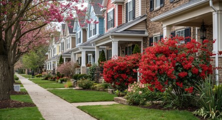 Obraz premium Row of houses with blossoming red flowers enhancing curb appeal