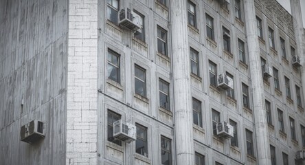 Fototapeta premium Detailed view of a large factory building facade featuring concrete walls and ventilation systems