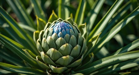 Fototapeta premium Close crop of artichoke plant with striking blue blooms and lively green leaves
