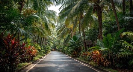 Fototapeta premium Idyllic tropical avenue bordered by abundant palm leaves and colorful exotic flora