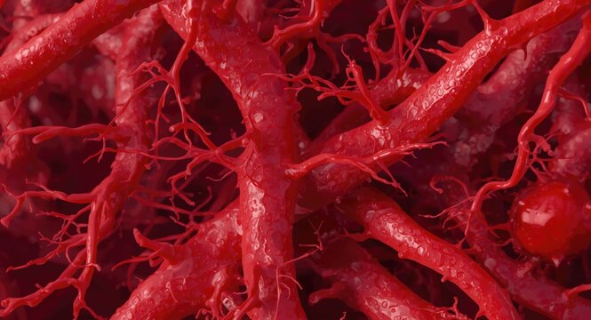 Magnified crimson capillaries showing blood flow