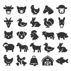 Obraz premium Silhouette icons of farm animals including cow, chicken, horse, and duck.