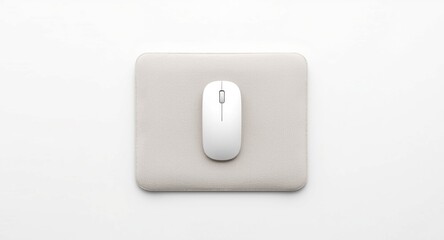 Fototapeta premium Clean overhead perspective of a white wireless mouse resting on a cushioned mouse pad with an uncluttered plain background