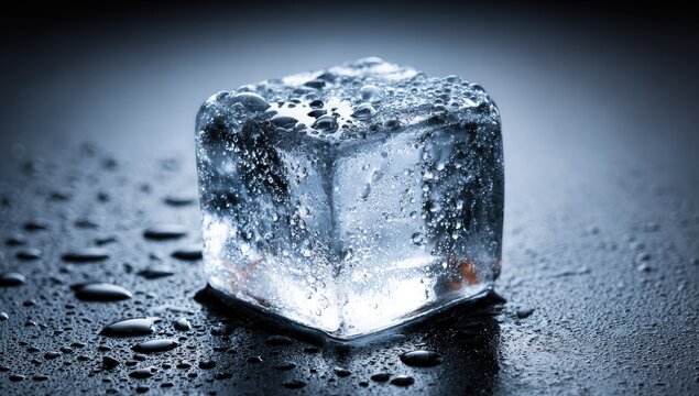 Translucent ice cube on dark surface macro close up with water droplets