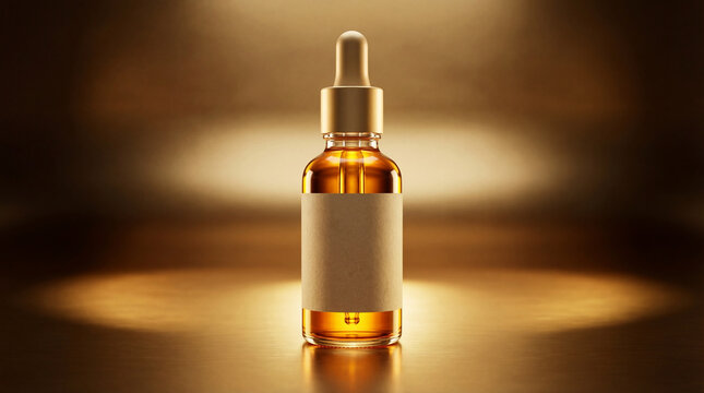 Cosmetic serum bottle with dropper golden details and blank label studio shot