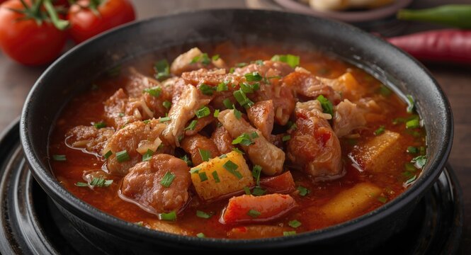 Hearty Korean sausage stew combining meats and fresh vegetables