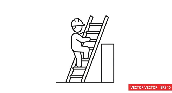 A construction worker wearing a hard hat climbs a wooden ladder to access a platform.