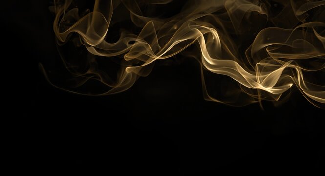 Black matte backdrop with elegant swirling gold smoke and copy space area