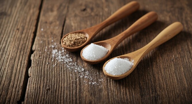 Selection of sugar alternatives such as sorbitol and sucralose in wooden spoons placed on rough aged wooden table