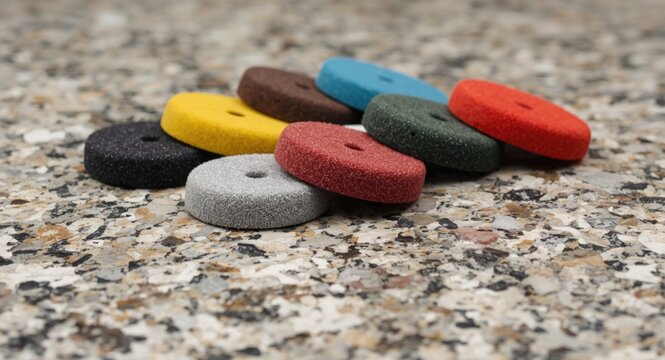 Selection of colorful polishing pads for masonry and granite stone work displayed on a glossy surface