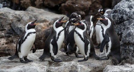 Obraz premium Charming full length view of lively penguins engaging on ocean rocks