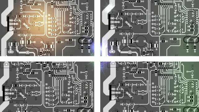 Video animation with printed circuit board of electronic 
device, components of radio elements, 
conductors, contact pads placed on pcb. 
Engineering drawing. Computer technic cad design, 
screensaver