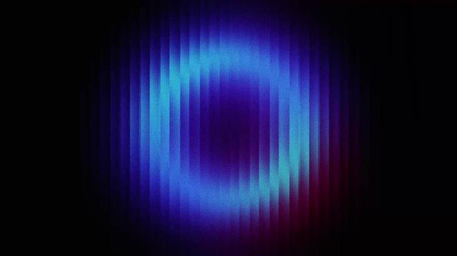 Abstract blue, purple and red blurred grainy neon gradient pulsing ring. Animated background. Digital grain dust soft noise ribbed glass looping animation.
