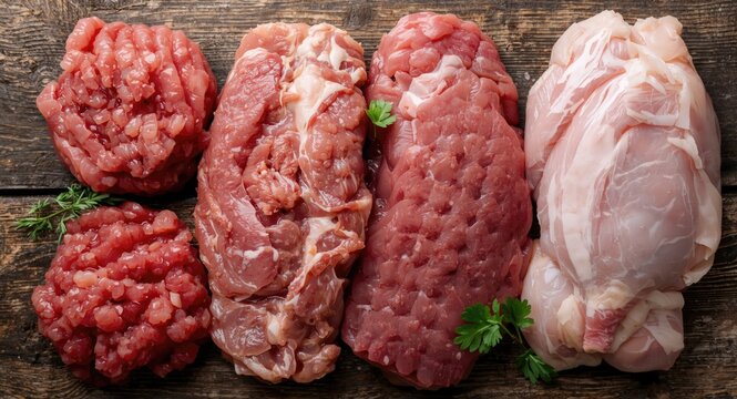 Fresh minced beef, pork, lamb, and chicken arranged on rustic wood table with copy space for keto meal preparation