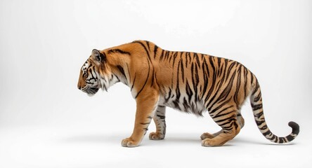 Obraz premium Profile shot of a tiger retreating on a white studio backdrop