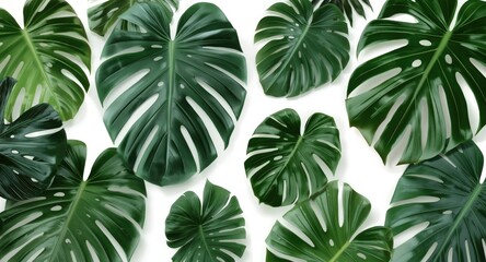 Fototapeta premium Lush tropical monstera leaves display vibrant foliage against a clean white background for botanical design