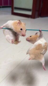 Two hamsters hanging from a blue rod in a white room