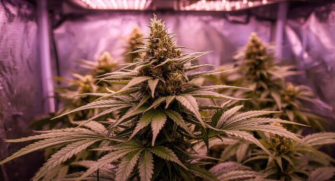 Large-size cannabis blossom grown in medical marijuana LED lighting setup