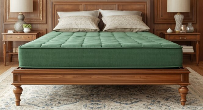 Green mattress atop elegant wood frame with designated copy space