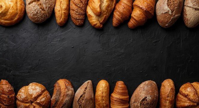 Horizontal layout of diverse bread rolls and croissants on black surface with copy space for text