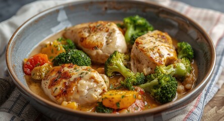 Fototapeta premium Hearty chicken and broccoli bake with rich creamy sauce and bright vegetables presented in a stylish bowl
