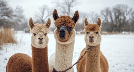 Fototapeta premium Happy alpacas enjoying a tranquil winter day on white snow covered lawn