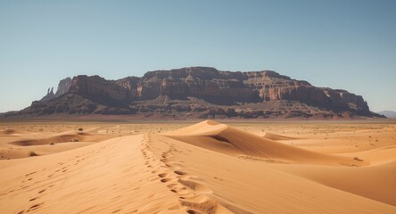 Open desert trail with sand dunes and rocky mountain silhouette