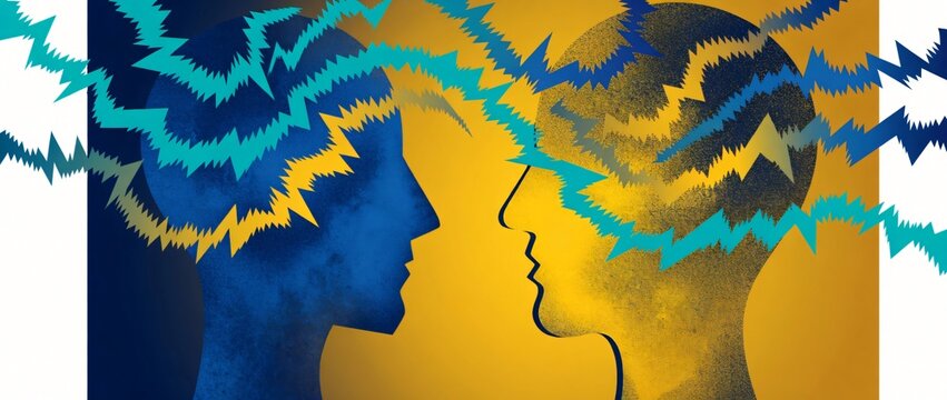 Profili umani con fulmini e scariche elettriche, concetto di conflitto