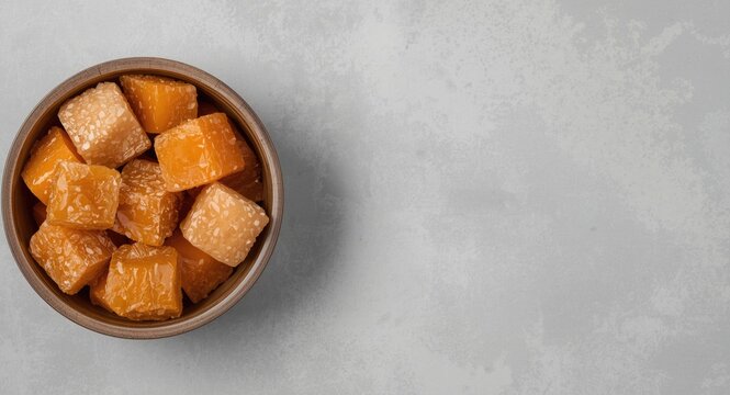 Natural low glycemic sweeteners in bowl filled with kithul jaggery and treacle set on plain gray backdrop with copy space