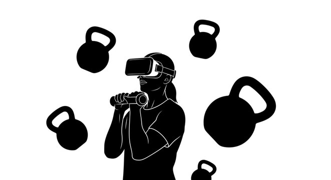 Person wearing VR headset and holding controllers surrounded by kettlebells, symbolizing virtual fitness training and futuristic workouts