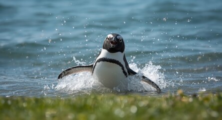 Fototapeta premium Joyful pet penguin enjoying playful splash in cold ocean near green grass lawn on a sunny summer day