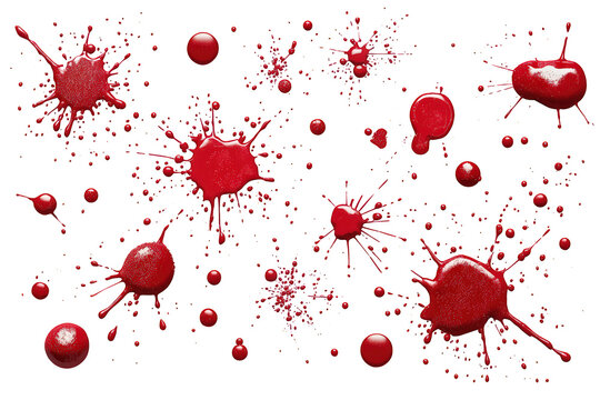 Red blood splatters and drops creating gore visuals, flowing liquid stains, isolated elements with transparent background