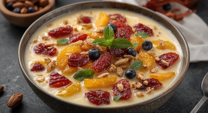 Rich and flavorful mixed fruit rabdi dessert combining condensed milk and dried fruits