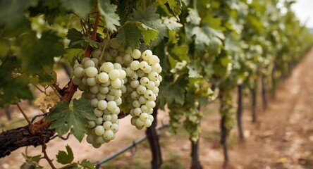 Fototapeta premium Focused scene of white grapes dangling from thriving green vines in a cultivated vineyard area