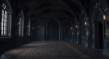 Fototapeta premium Fantastical castle hall with a dark majestic interior setting