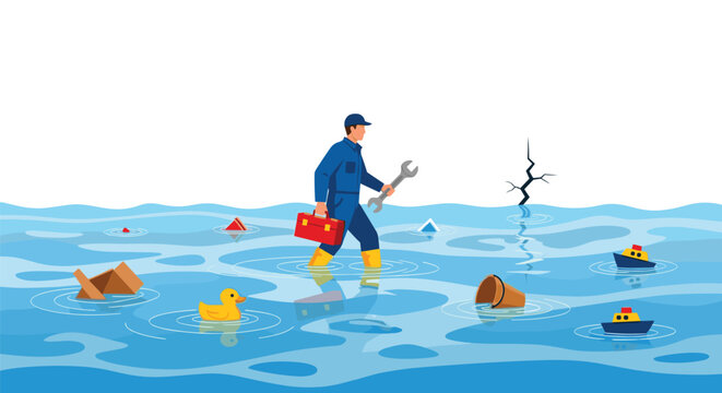 A male plumber in blue overalls and yellow boots walks through a flooded landscape carrying a red toolbox and a wrench.