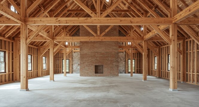 Large hall space framed by cross laminated timber and glulam construction with a rough stone brick wall interior