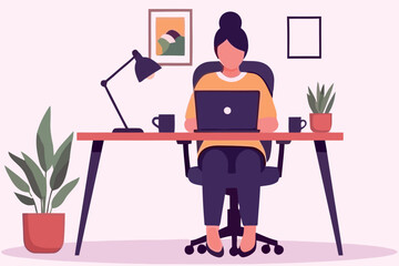 Fototapeta premium Woman working on a laptop at a desk with plants and a lamp