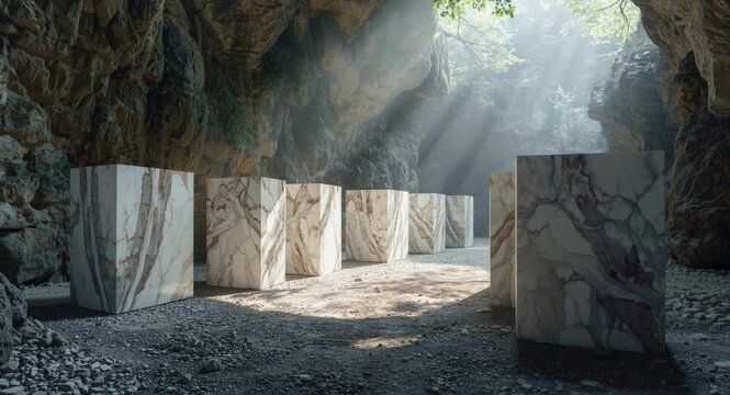Luminous quarry with large aligned marble blocks showcasing the stoneworking craft and nature