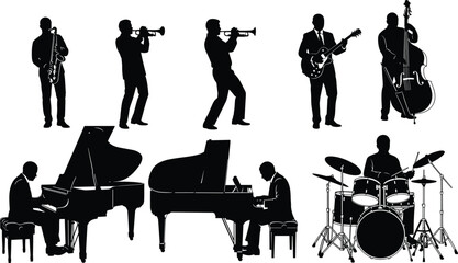 Jazz band musician silhouettes vector set featuring saxophone trumpet guitar piano drums and double bass players isolated music performance icons © Md
