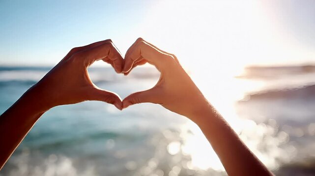 Romantic love theme for Valentines Day. Two hands forming a heart shape on the beach at sunset, with the sun casting a warm, golden light over the scene. The hands are positioned in the foreground.