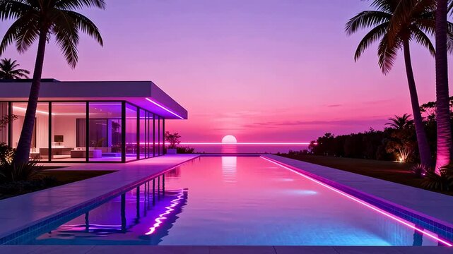 Modern house with pool at sunset