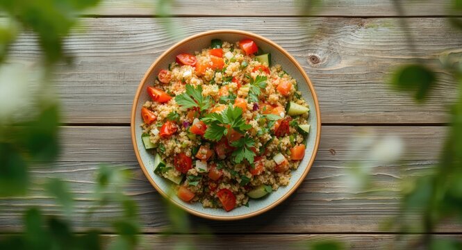 Nourishing vegetarian Mediterranean tabbouleh salad with fresh vegetables overhead