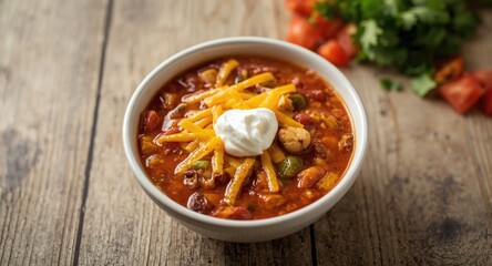 Comforting taco soup served hot in a bowl with melted cheese and sour cream garnish